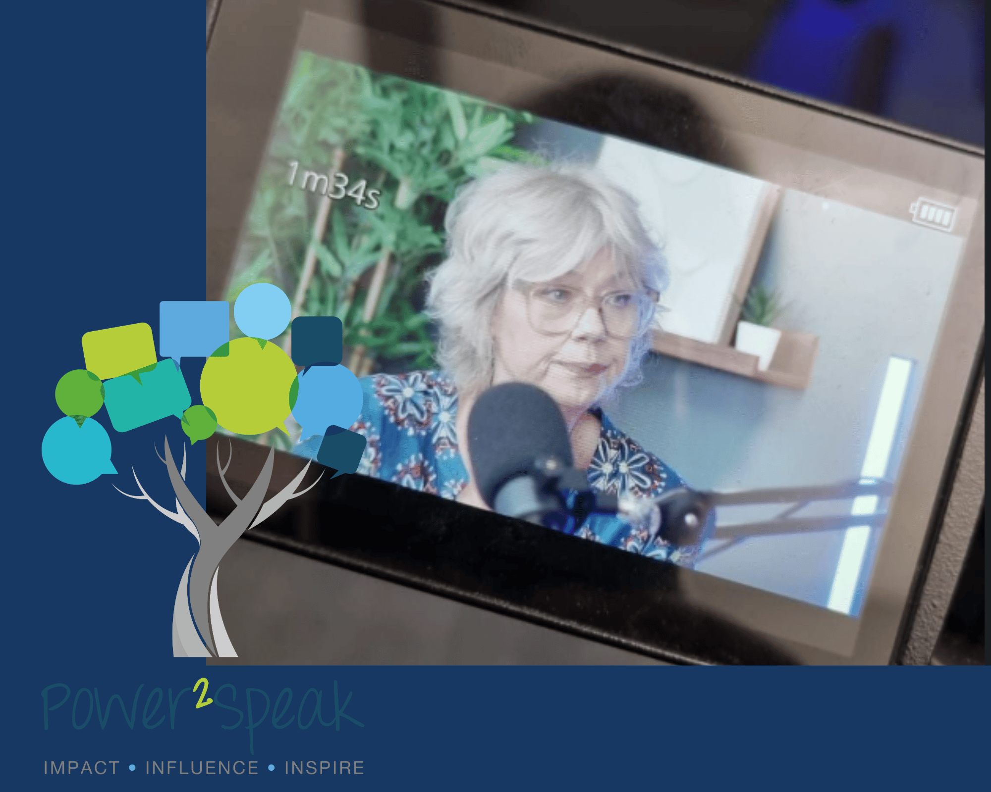 Image of Jackie at a mic, guesting on a podcast